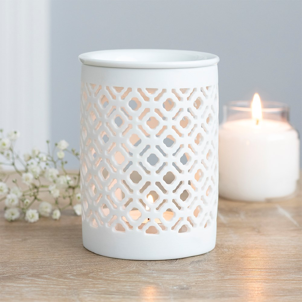 White Ceramic Lattice Cut-Out Wax Melter