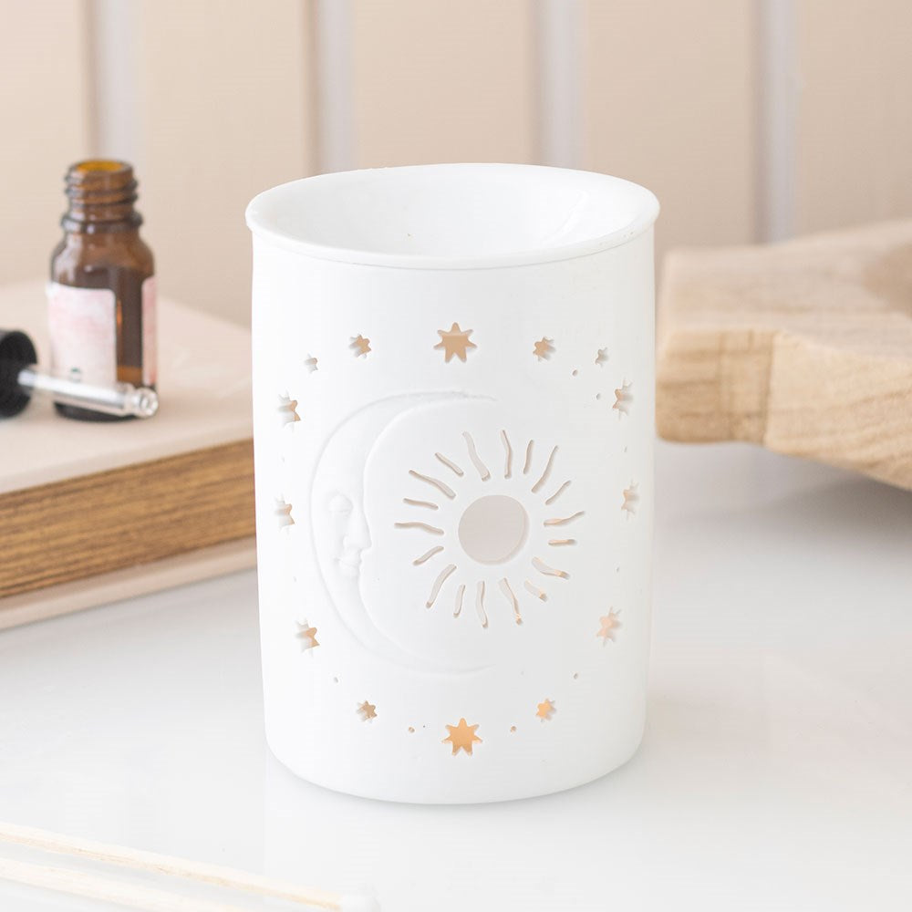 White Ceramic Sun, Moon, & Stars Wax Melter