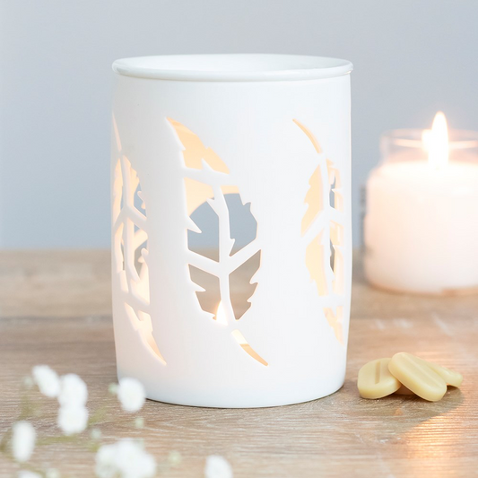 Ceramic White Feather Cut-Out Wax Melter