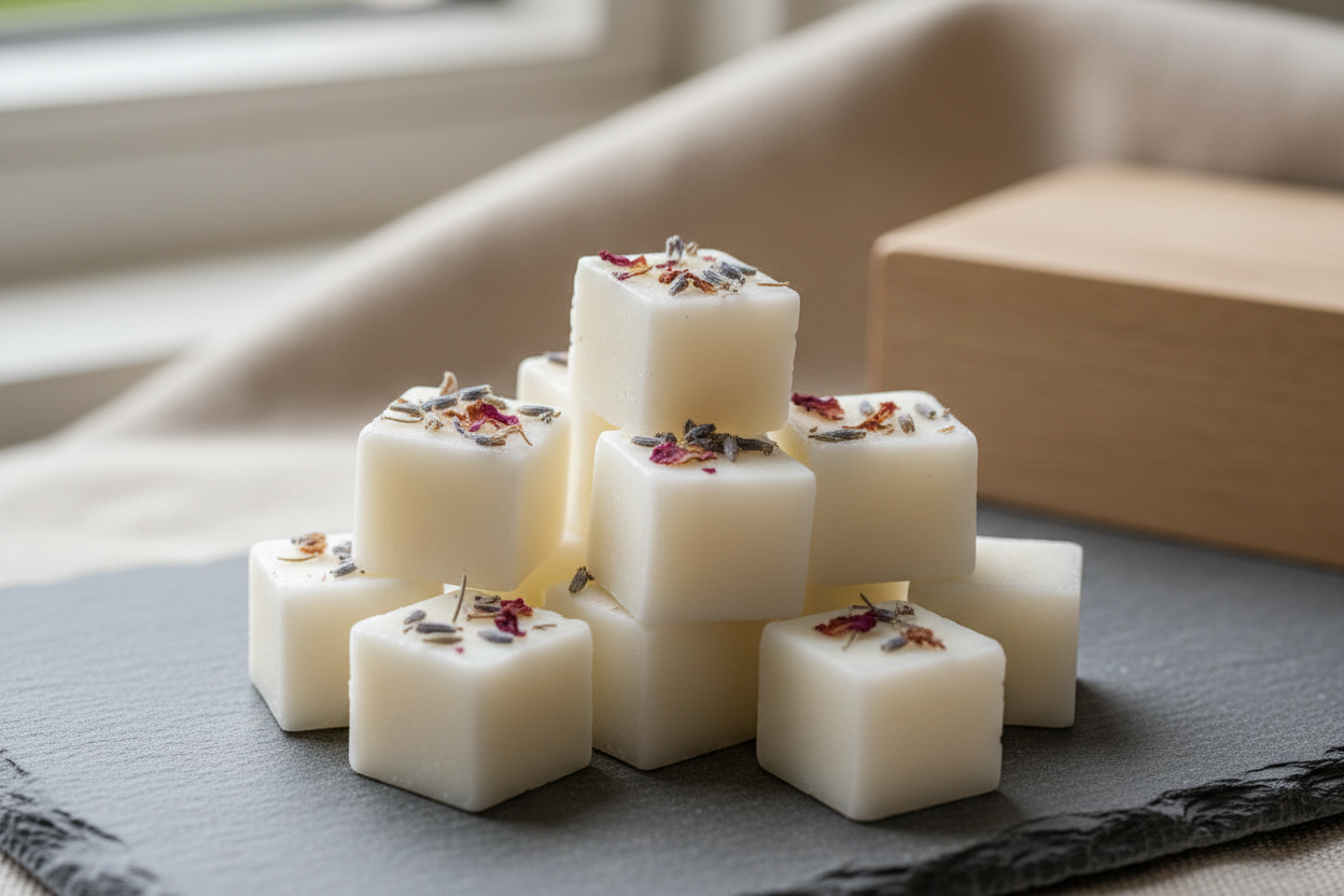Square white wax melts with a light sprinkle of botanicals